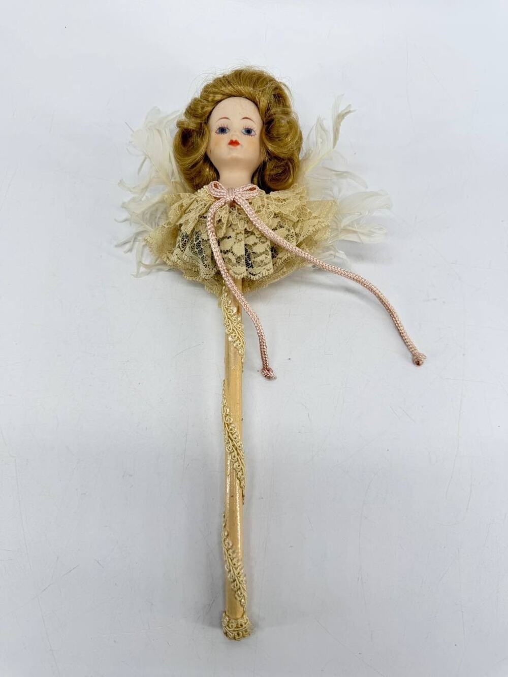 Louis Nichole 1983 Victorian Angel Ornament on Stick Porcelain Lace Feathers